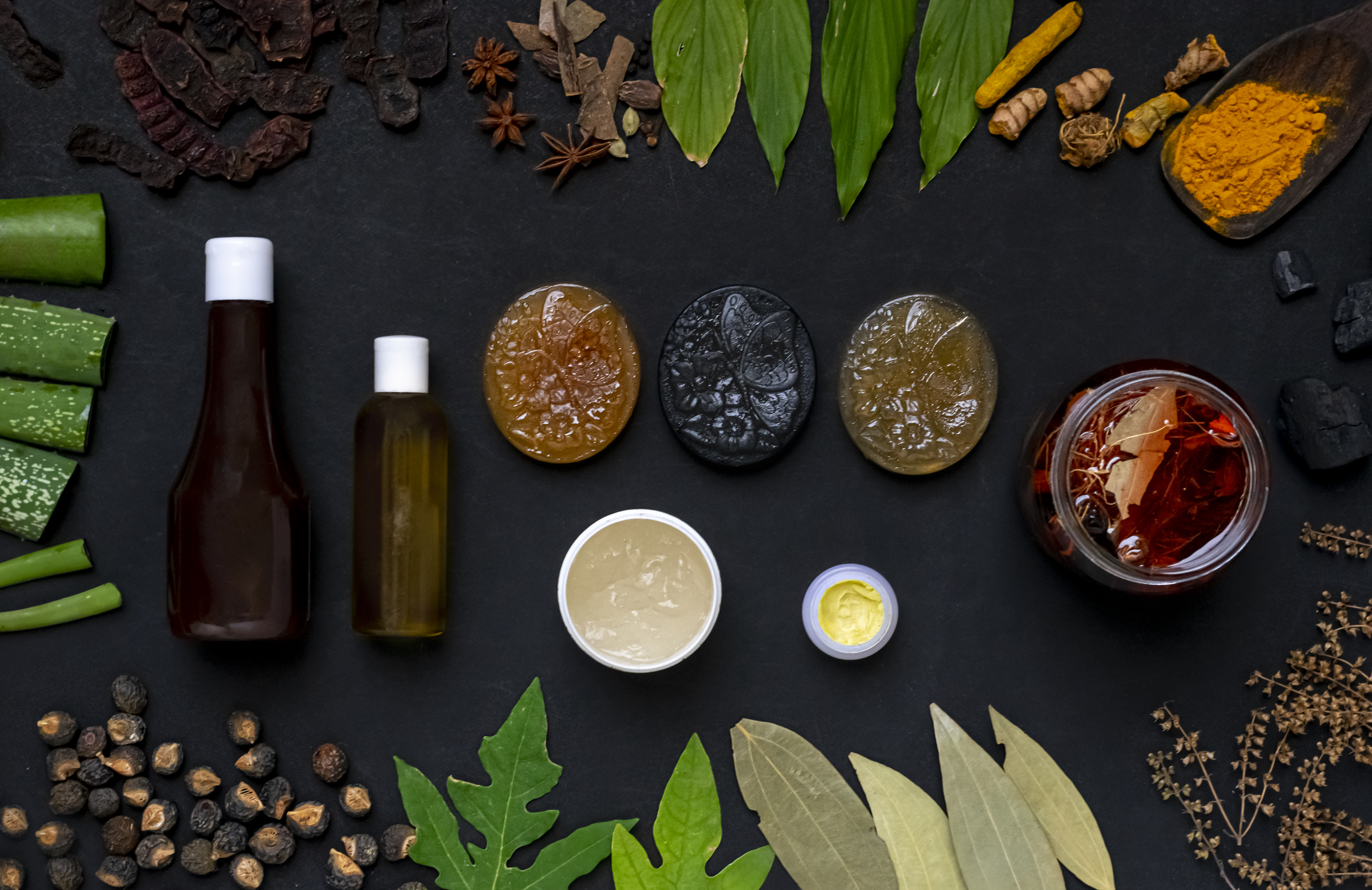 Natural skincare product flatlay photography